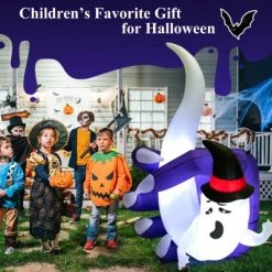 Tangkula 6FT Tall Halloween Inflatable Decoration, White Wizard Hat Ghost Grabbed in Hand Outdoor Decoration with Bright LED Lights