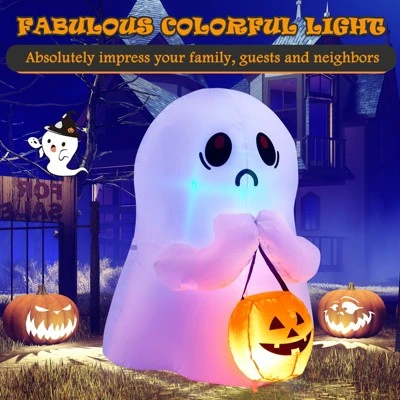 Tangkula 4 FT Halloween Inflatable Decoration, Colorful Inflatable Ghost with Pumpkin Lantern Built-in Flashing LED Lights & Waterproof Air Blower 6 Tangkula 4 FT Halloween Inflatable Decoration, Colorful Inflatable Ghost with Pumpkin Lantern Built-in Flashing LED Lights & Waterproof Air Blower - Image 6