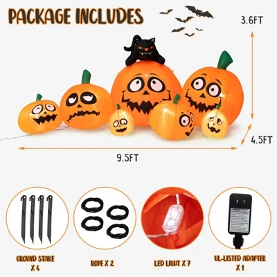 Tangkula 9.5 FT Long Inflatable Pumpkin Combo w/ Black Cat Extra Long Blow-up Pumpkin Halloween Decoration w/ Built-in LED Lights 9 Tangkula 9.5 FT Long Inflatable Pumpkin Combo w/ Black Cat Extra Long Blow-up Pumpkin Halloween Decoration w/ Built-in LED Lights - Image 9