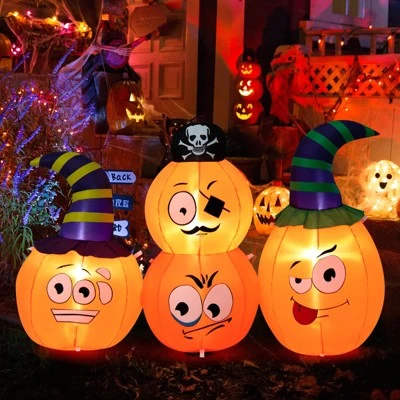 Tangkula 5 FT Long Halloween Inflatable Decoration Blow Up Pumpkin Combo w/ Pirate & Witch Hats, Built-in Bright LED Lights Additional Sandbag 1 Tangkula 5 FT Long Halloween Inflatable Decoration Blow Up Pumpkin Combo w/ Pirate & Witch Hats, Built-in Bright LED Lights Additional Sandbag
