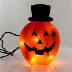 Stony Creek 7.5" Lighted Pumpkin With Hat Spider Jack O Lantern - Novelty Sculpture Lights