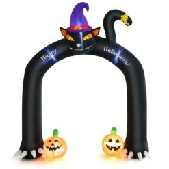 Costway 9FT Halloween Inflatable Cat Archway Blow-up Doorway Decoration with Wizard Cat & Pumpkins Bright LED Lights