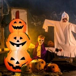 Costway 5 Ft Halloween Inflatable 3-Pumpkin Stack Blow Up Pumpkin Ghost Yard Decoration
