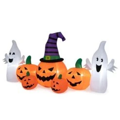Tangkula 9FT Long Halloween Inflatable Pumpkins Self Inflating Halloween Pumpkin Patch Lanterns w/ 2 Ghosts LED Lights Waterproof Blower