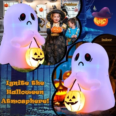 Tangkula 4 FT Halloween Inflatable Decoration, Colorful Inflatable Ghost with Pumpkin Lantern Built-in Flashing LED Lights & Waterproof Air Blower 4 Tangkula 4 FT Halloween Inflatable Decoration, Colorful Inflatable Ghost with Pumpkin Lantern Built-in Flashing LED Lights & Waterproof Air Blower - Image 4