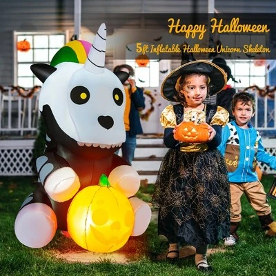 Costway 5ft Inflatable Halloween Unicorn Skeleton Holding Pumpkin for Yard w/LED Lights 2 Costway 5ft Inflatable Halloween Unicorn Skeleton Holding Pumpkin for Yard w/LED Lights - Image 2