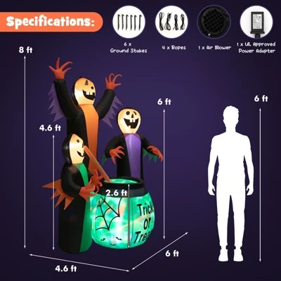 Tangkula 8 FT Tall Halloween Inflatable Three Witch & Magic Potion Pot Decoration w/ Built-in LEDs & Ropes & Stakes for Party Garden Lawn 9 Tangkula 8 FT Tall Halloween Inflatable Three Witch & Magic Potion Pot Decoration w/ Built-in LEDs & Ropes & Stakes for Party Garden Lawn - Image 9
