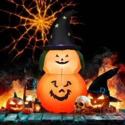 Tangkula Halloween Decoration 5FT Inflatable Witch Hat Pumpkin W/ LED Bulbs Blow Up Yard