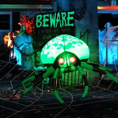 Tangkula Halloween Inflatable Spider with Cobweb Creepy Blow-up Spider with LED Rotating LED Light Green Black Legs Waterproof Halloween Decoration 7 Tangkula Halloween Inflatable Spider with Cobweb Creepy Blow-up Spider with LED Rotating LED Light Green Black Legs Waterproof Halloween Decoration - Image 7