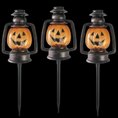 Northlight 16.5" Halloween Flickering Pumpkin Lantern Pathway Markers 3ct - Orange/Black 2 Northlight 16.5" Halloween Flickering Pumpkin Lantern Pathway Markers 3ct - Orange/Black - Image 2