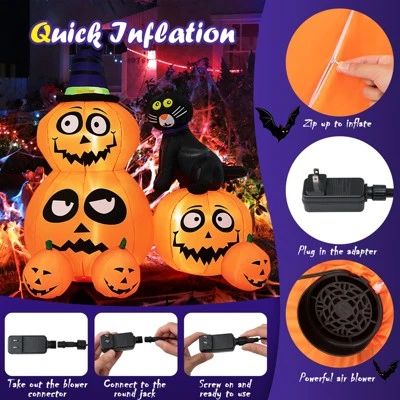 Tangkula 6 FT Inflatable Pumpkin Combo with Wizard's Hat & Cat Blow-up Yard Decoration with Built-in LED Light Powerful Air Blower 6 Tangkula 6 FT Inflatable Pumpkin Combo with Wizard's Hat & Cat Blow-up Yard Decoration with Built-in LED Light Powerful Air Blower - Image 6