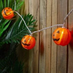 Northlight 10-Count Orange Jack-O-Lantern Paper Lantern Halloween Lights, 8.5ft White Wire