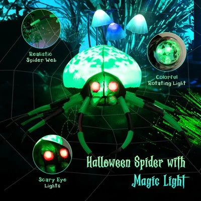 Tangkula Halloween Inflatable Spider with Cobweb Creepy Blow-up Spider with LED Rotating LED Light Green Black Legs Waterproof Halloween Decoration 2 Tangkula Halloween Inflatable Spider with Cobweb Creepy Blow-up Spider with LED Rotating LED Light Green Black Legs Waterproof Halloween Decoration - Image 2