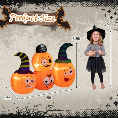 Tangkula 5 FT Long Halloween Inflatable Decoration Blow Up Pumpkin Combo w/ Pirate & Witch Hats, Built-in Bright LED Lights Additional Sandbag 3 Tangkula 5 FT Long Halloween Inflatable Decoration Blow Up Pumpkin Combo w/ Pirate & Witch Hats, Built-in Bright LED Lights Additional Sandbag - Image 3