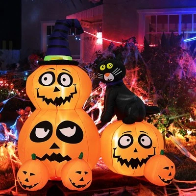 Tangkula 6 FT Inflatable Pumpkin Combo with Wizard's Hat & Cat Blow-up Yard Decoration with Built-in LED Light Powerful Air Blower 1 Tangkula 6 FT Inflatable Pumpkin Combo with Wizard's Hat & Cat Blow-up Yard Decoration with Built-in LED Light Powerful Air Blower